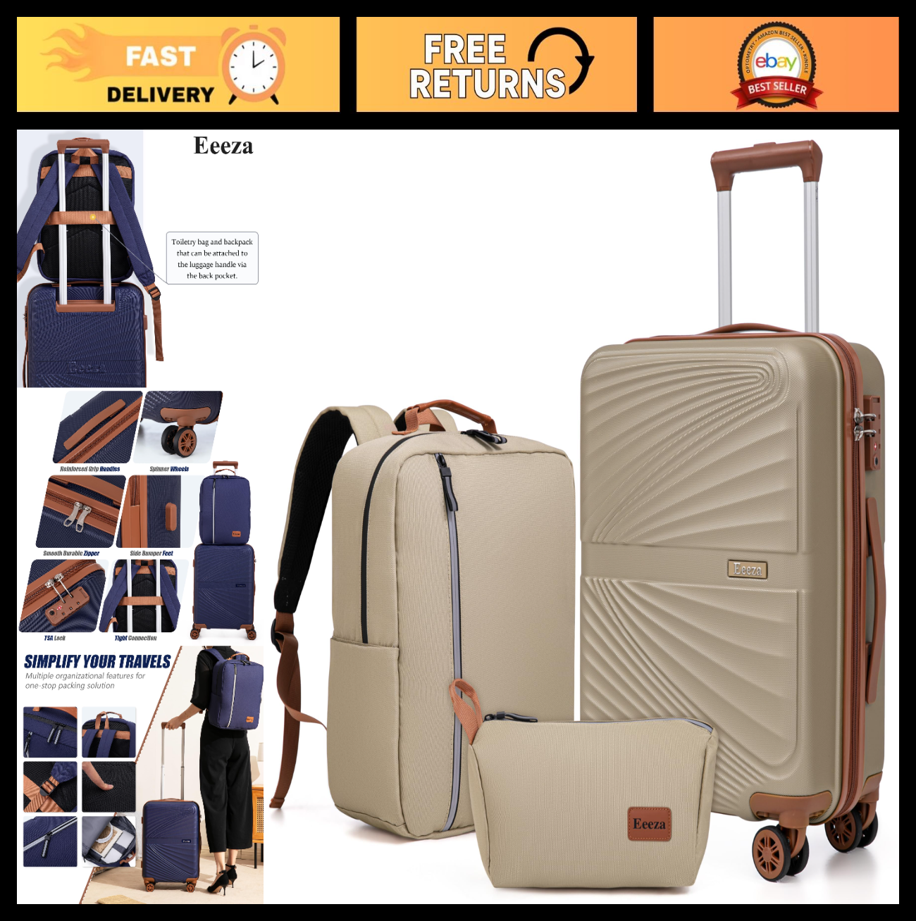 3-Piece Carry On Luggage Set - Lightweight ABS Hardshell, 360° Spinner Wheels, T0