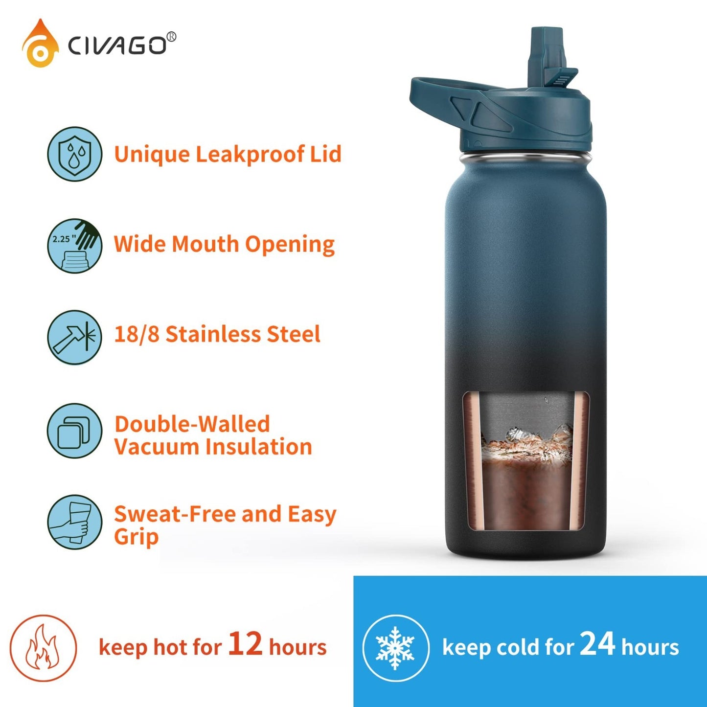 32 oz Insulated Water Bottle with Straw, Stainless Steel Flask, 3 Lids, Travel M4