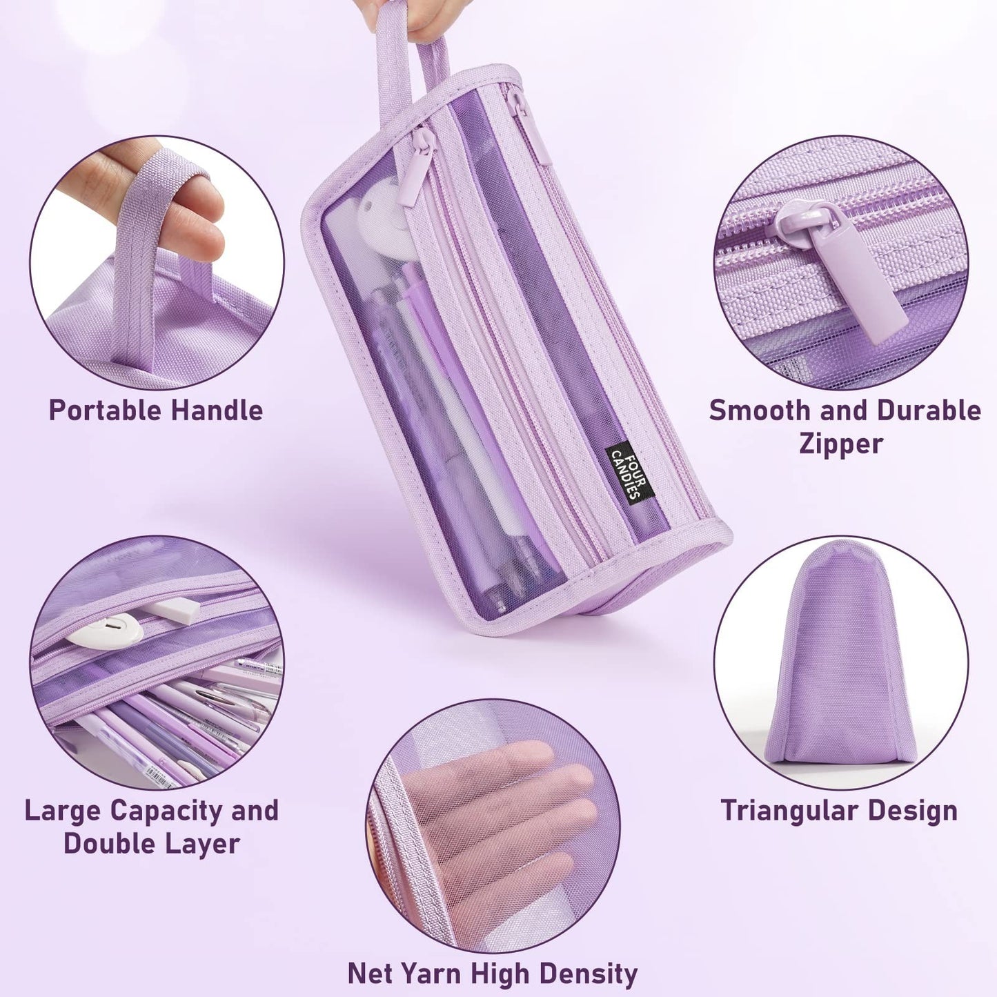 Clear Double Layer Pencil Case with Handle   Four Candies Grid Mesh, Purple2