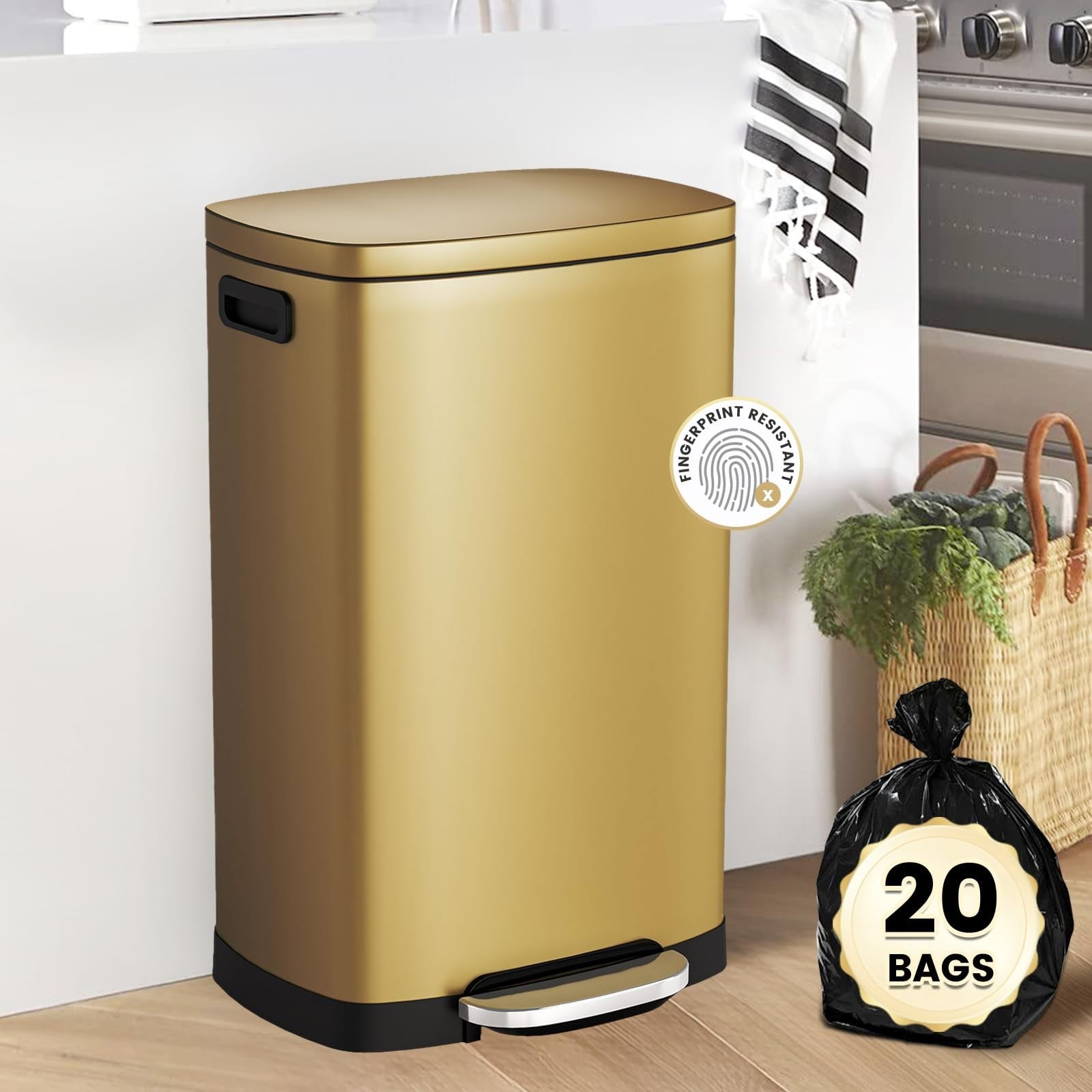 13 Gal Stainless Steel Kitchen Trash Can with Soft Close Lid, Pedal Step Wasteba2