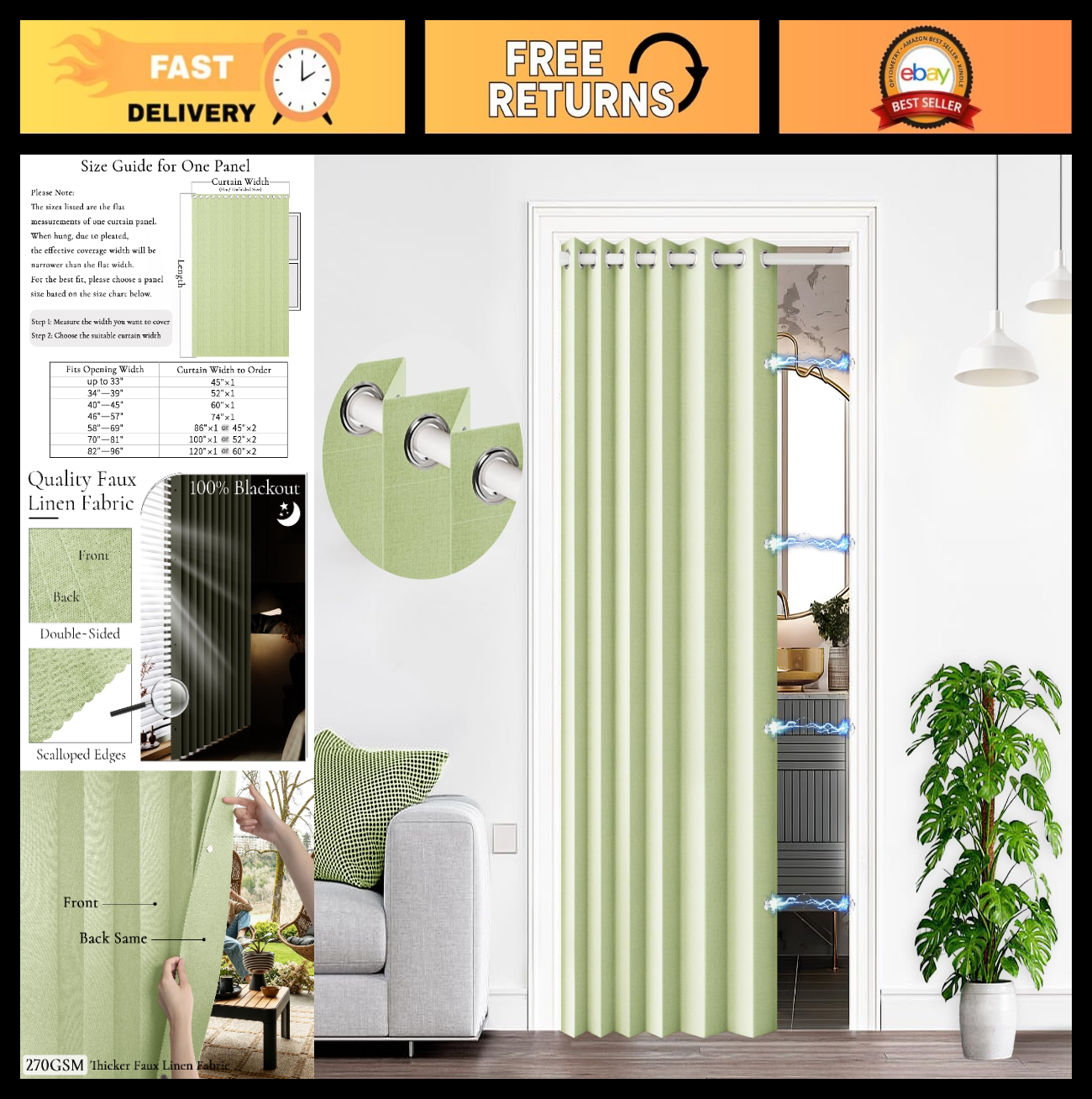 100% Blackout Magnetic Door Curtain for Closet, Kitchen, Laundry, 1 Panel, W45 x0
