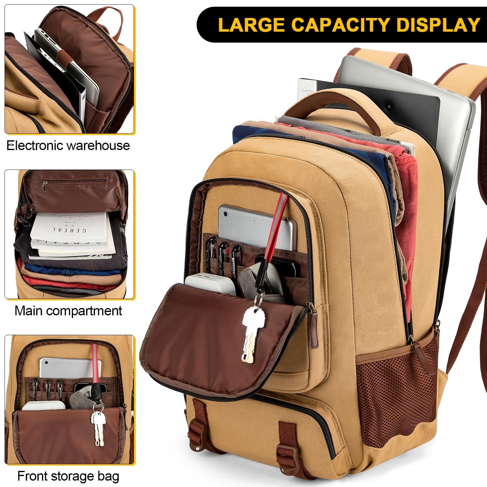 Large Capacity Canvas Laptop Backpack for Men & Women, Fits 17.3" Laptop, Travel3