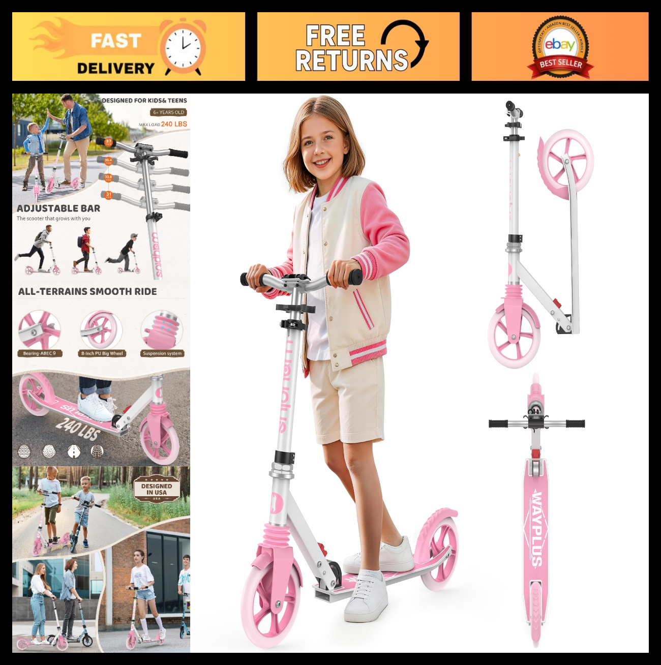 Kick Scooter for Ages 6+, Teens & Adults - 8" Big Wheels, 240lb Weight Capacity0