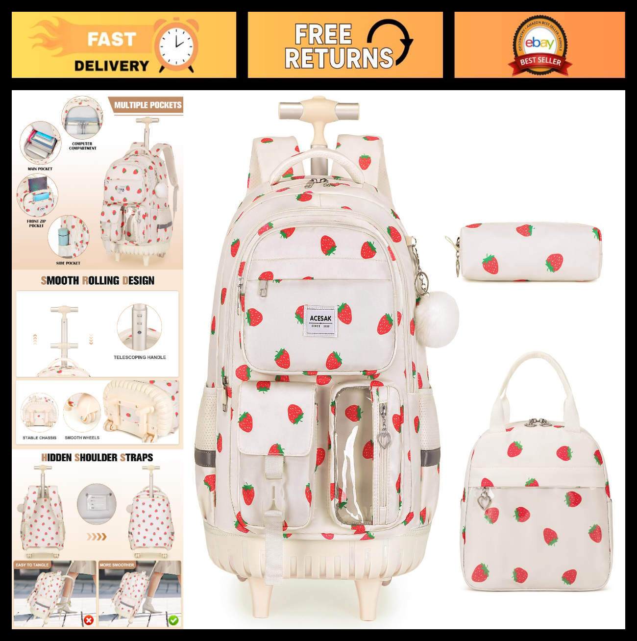 Rolling Backpack with Wheels for Girls, Lunch Bag & Pencil Pouch, School Travel0