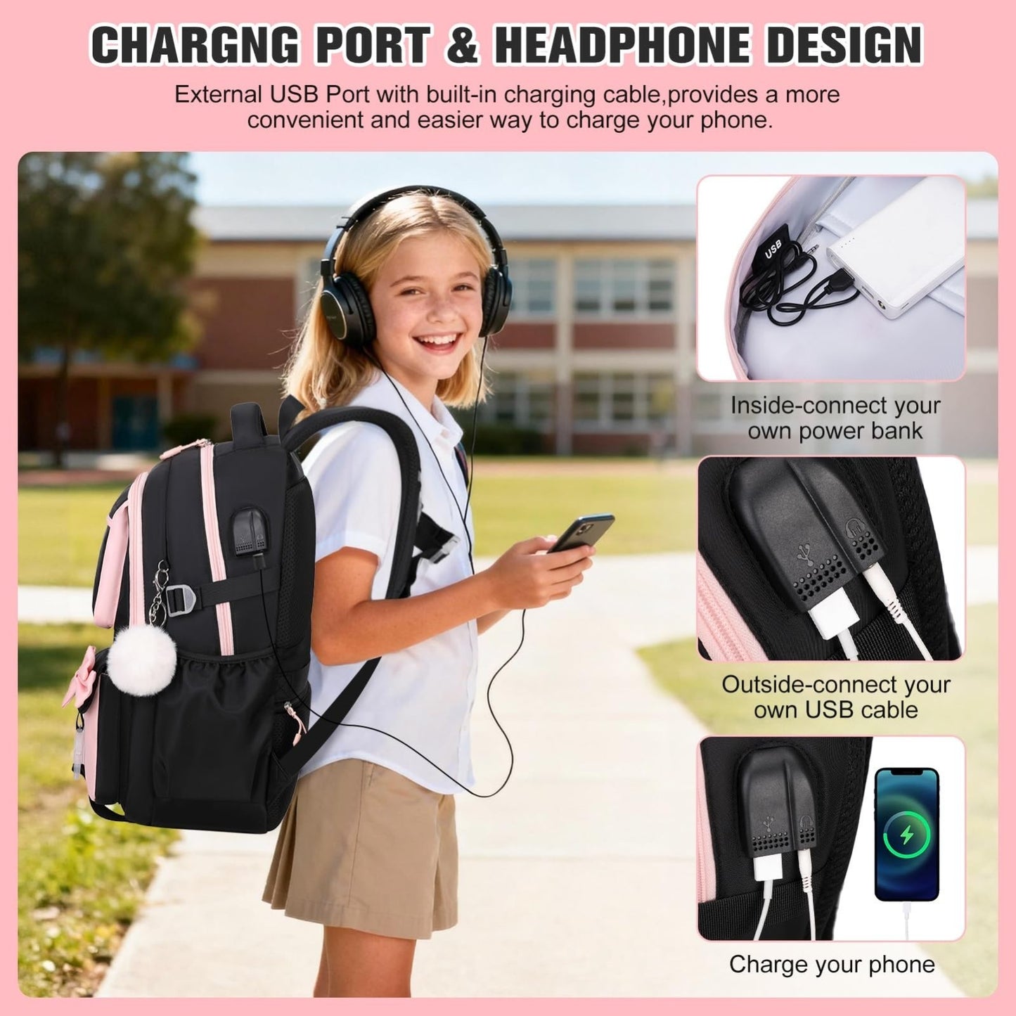 Cute Bow Backpack for Girls   School Bag Set with Lunch Bag & Pen Case3