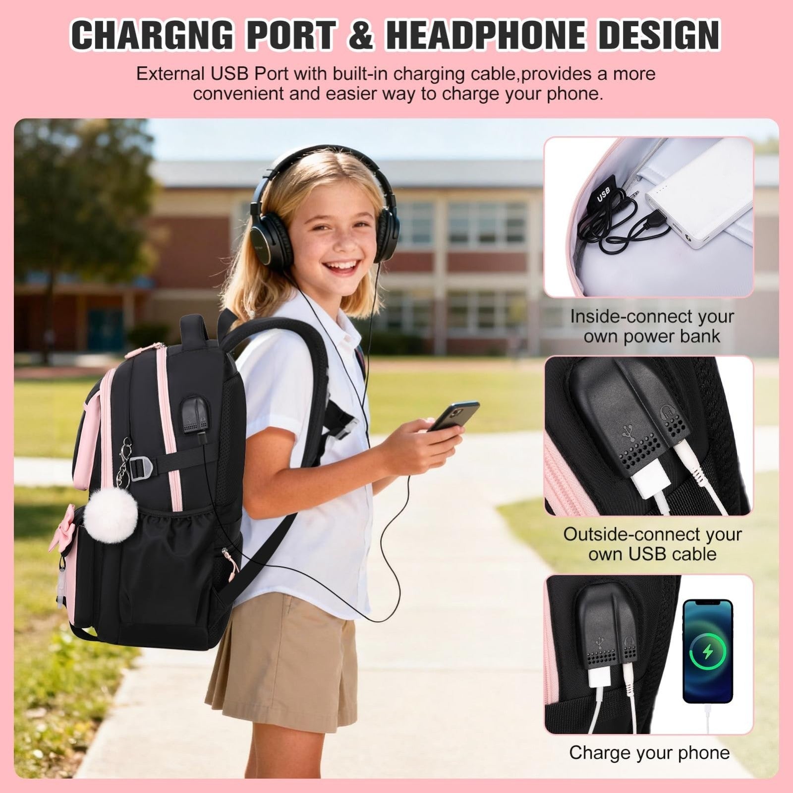 Cute Bow Backpack for Girls   School Bag Set with Lunch Bag & Pen Case3