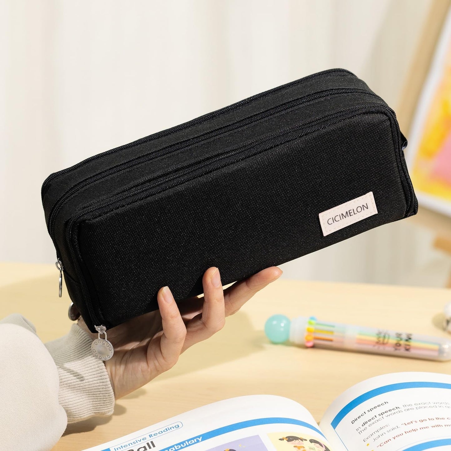 Large Capacity 3 Compartment Pencil Case Pouch Pen Bag for School & Office   Bla2