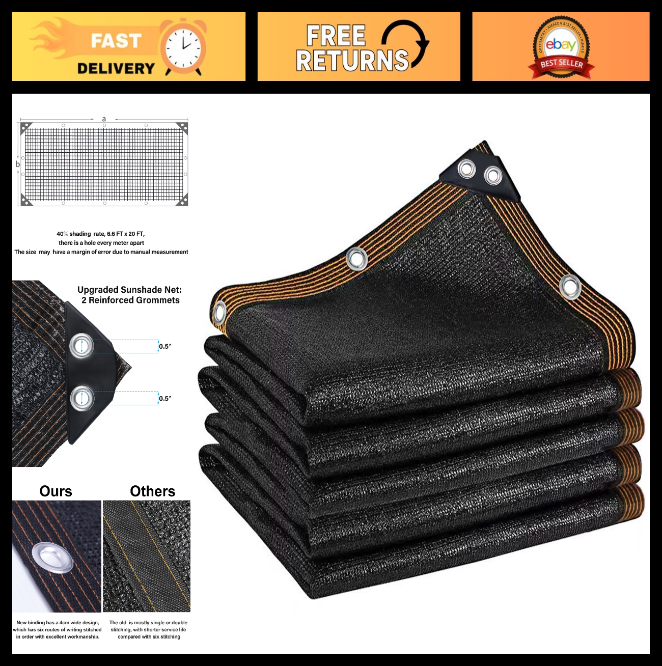 40% Black Shade Cloth 6.6x20 FT Mesh Tarp - Garden, Greenhouse, Patio Cover, Sun0