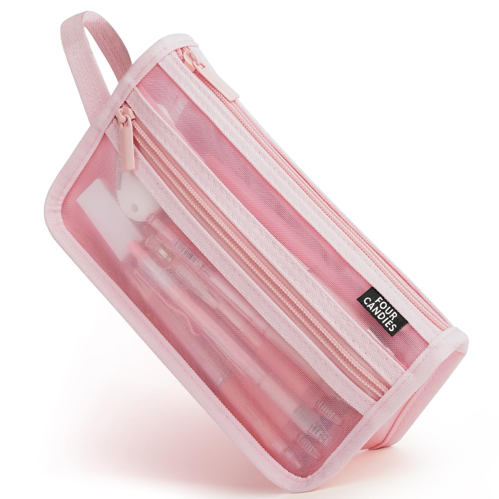 Clear Double Layer Pencil Case with Handle   Four Candies Grid Mesh, Pink1