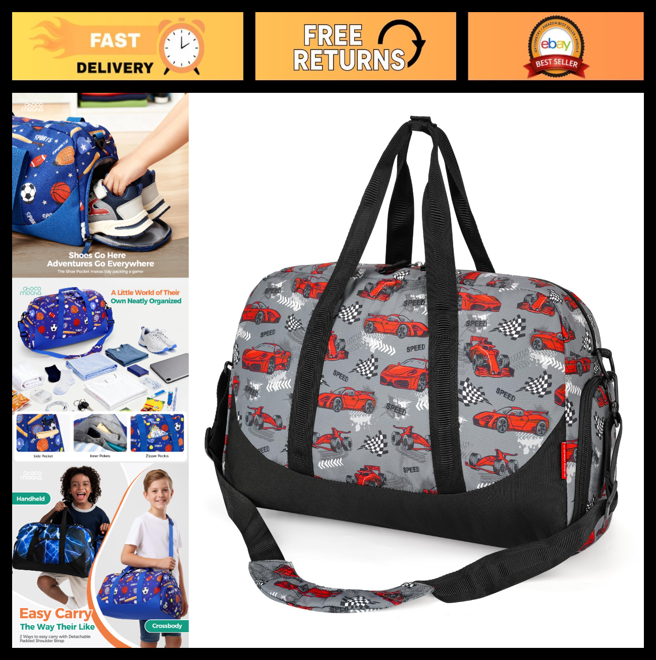 Kids Duffle Bag - Boys Cars Overnight Travel Bag with Shoe Compartment, Large Gy0