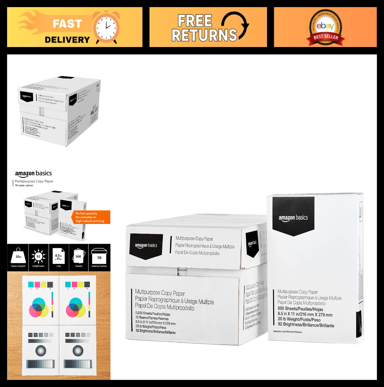 Multipurpose Copy Printer Paper, 20 lb, 8.5x11", 10 Reams (5000 Sheets), Bright0