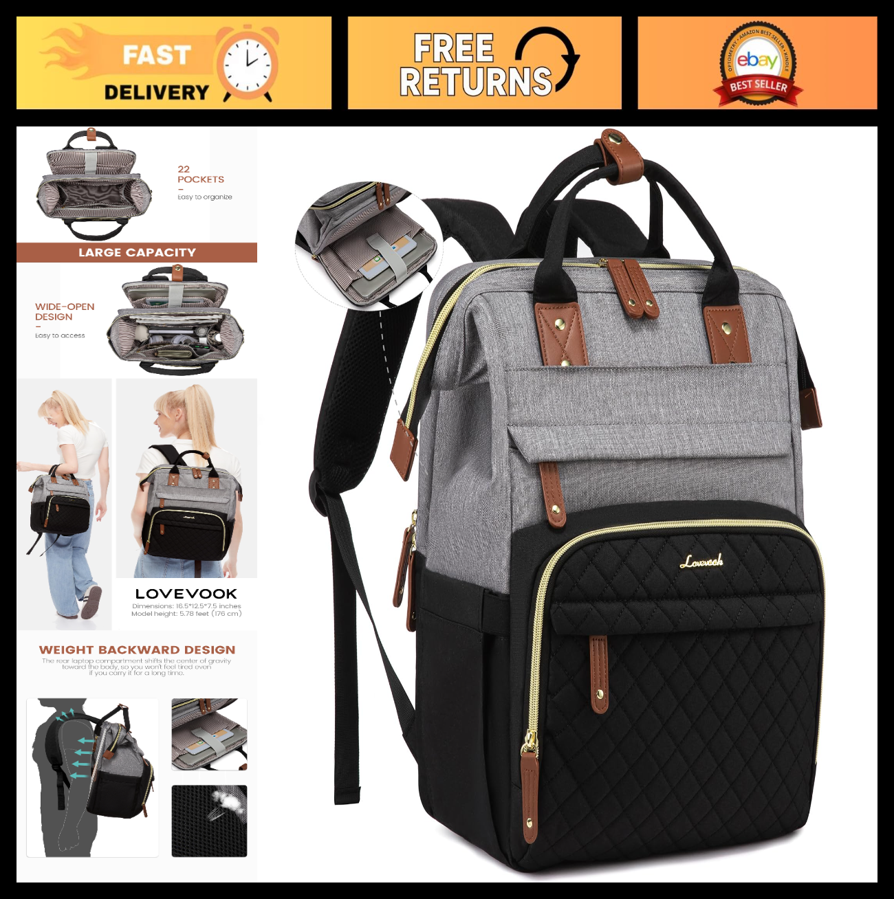 Waterproof 15.6" Laptop Backpack for Women, Travel Work Bag, College Purse, Nurs0