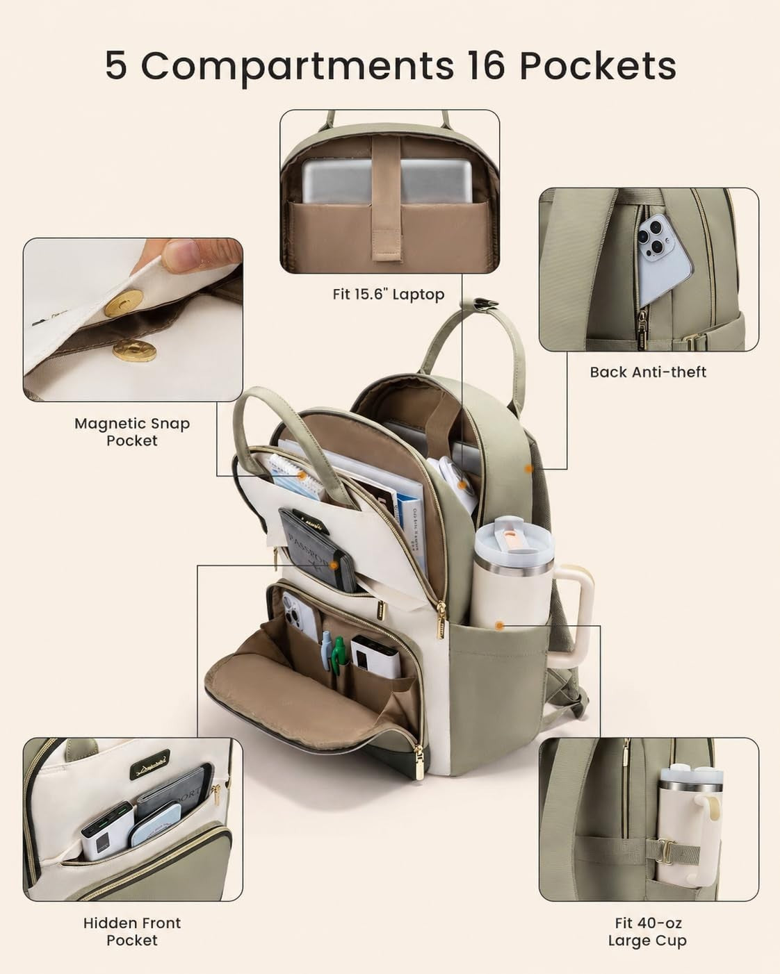 Stylish 15.6" Laptop Backpack with Tumbler Holder, Waterproof College Bag, Beige3