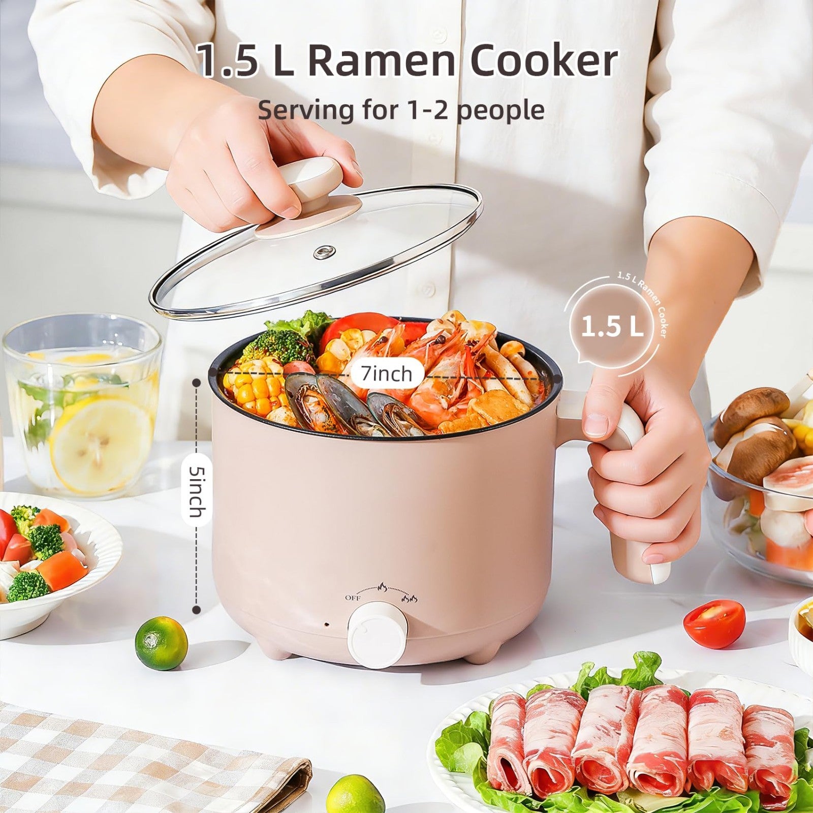 Portable Electric Hot Pot 1.5L - Non-Stick Ramen Cooker for Noodles, Soup & Oatm1