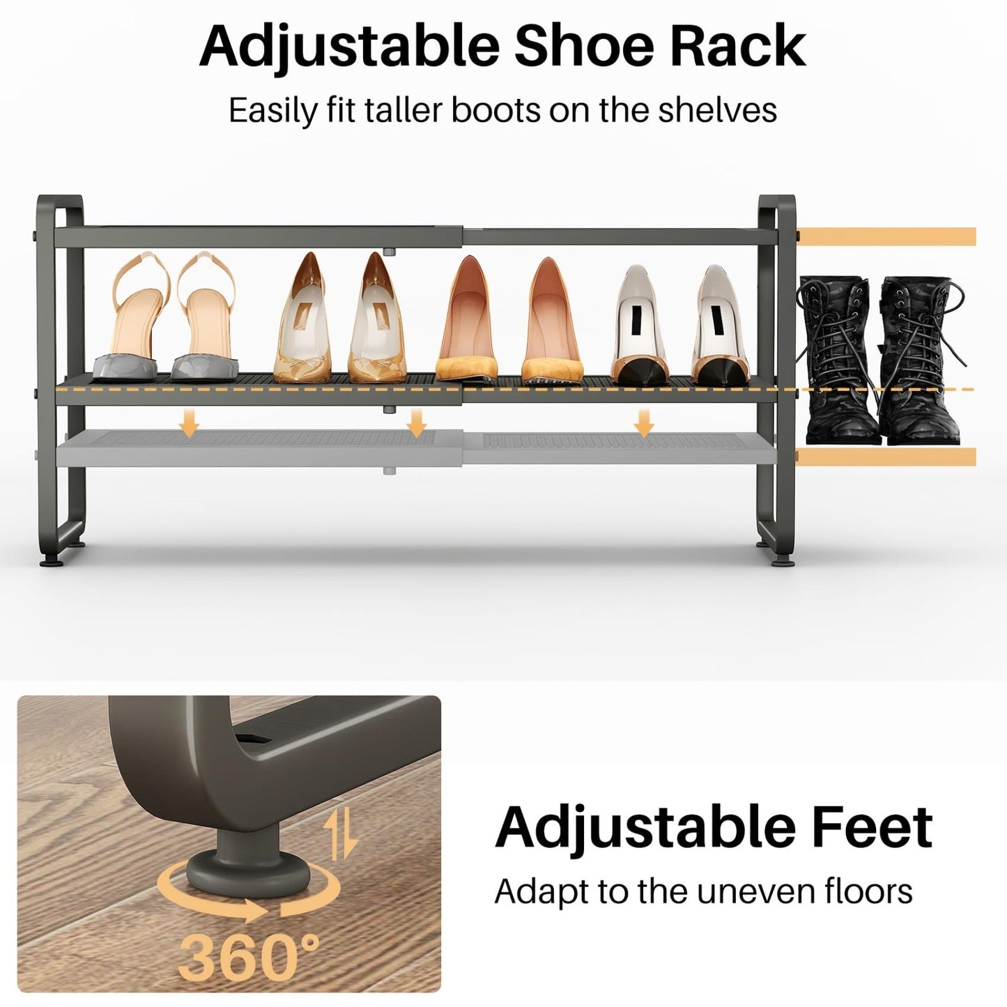Expandable Shoe Rack Organizer   Adjustable Metal Storage Shelf, Stackable 2 Tie6