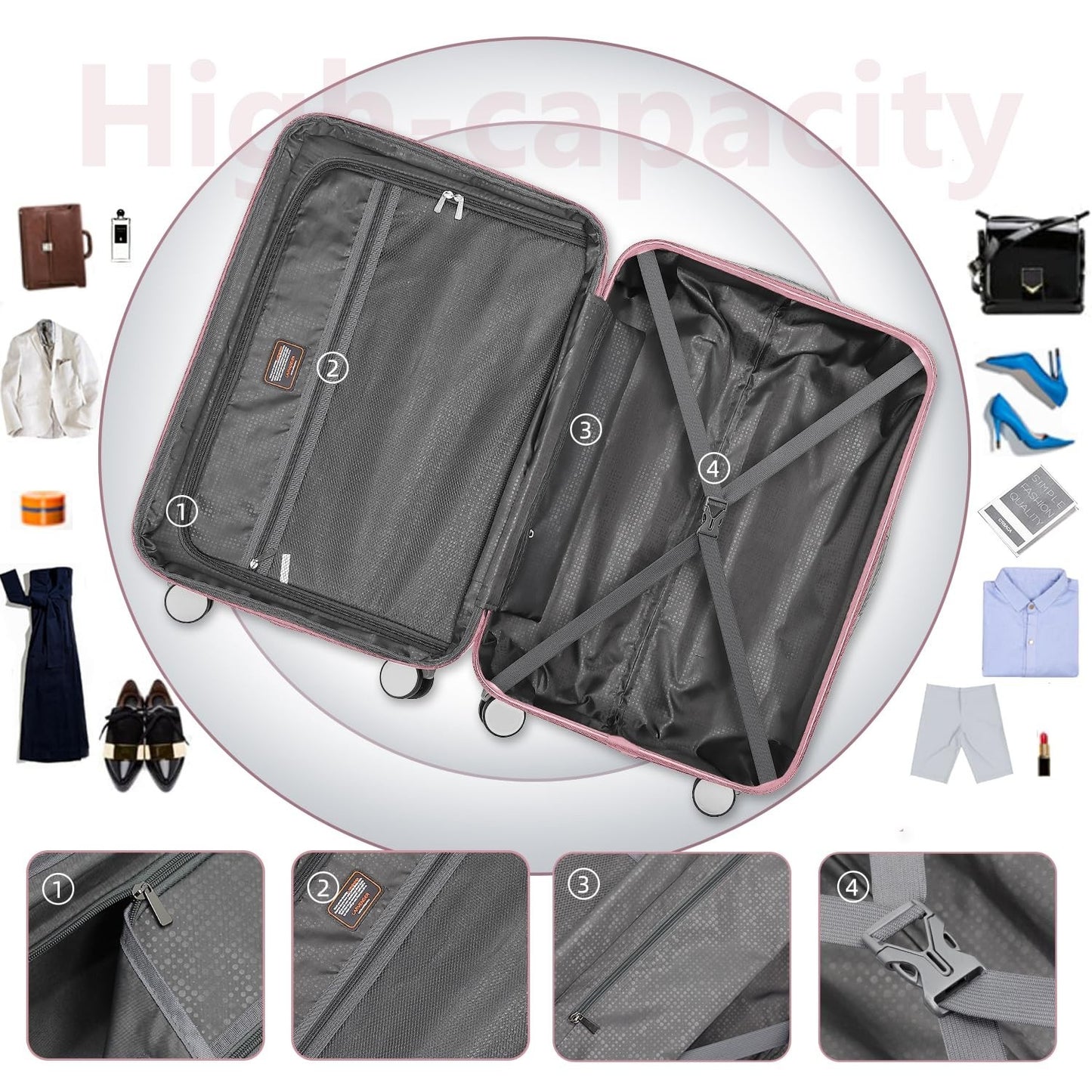 Expandable 6-Piece Luggage Set with Wheels, Pink Hardshell Suitcases, TSA Lock,5