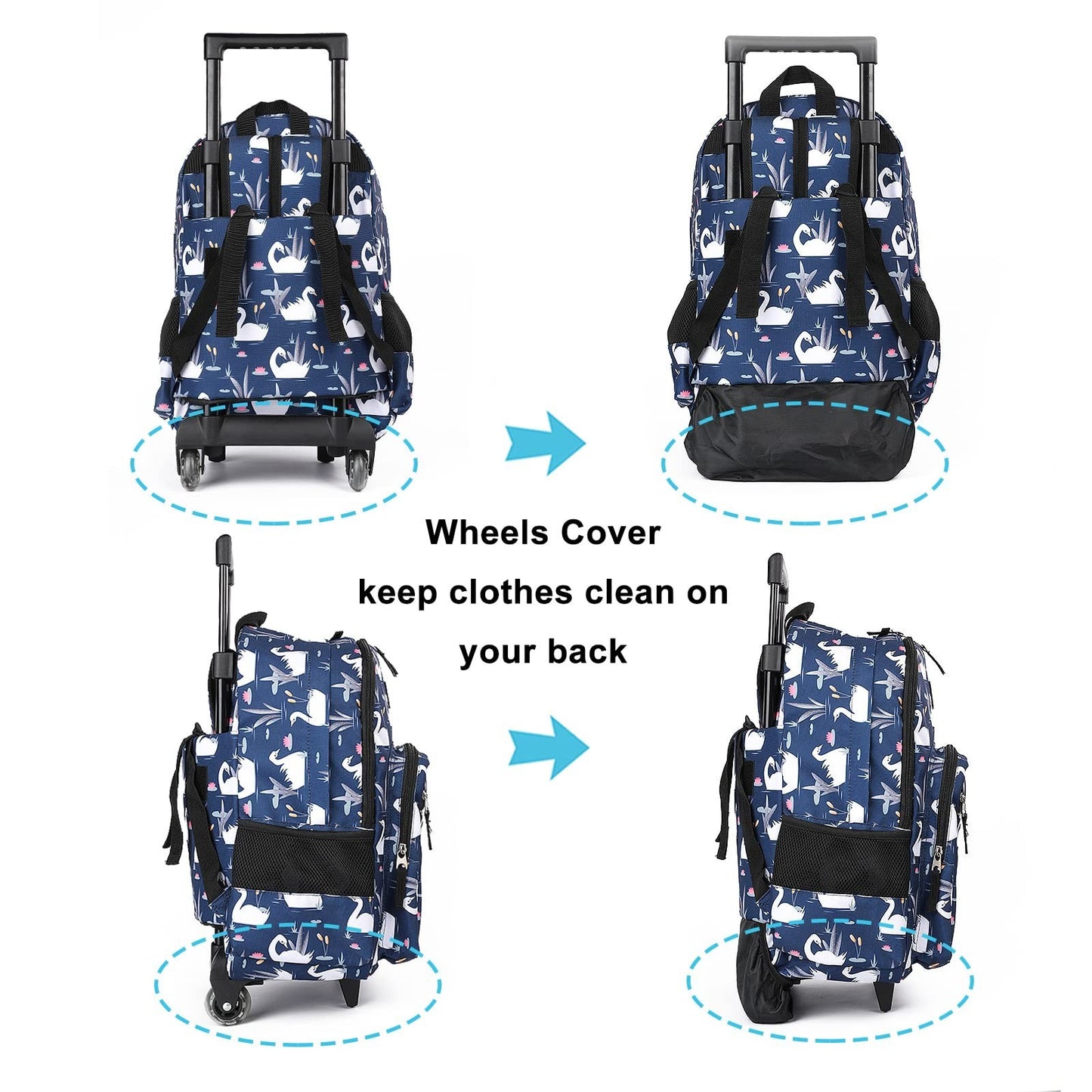 Wheeled Kids Backpack 18" Rolling Bag with Lunch Bag, Double Handle, Swan Blue5