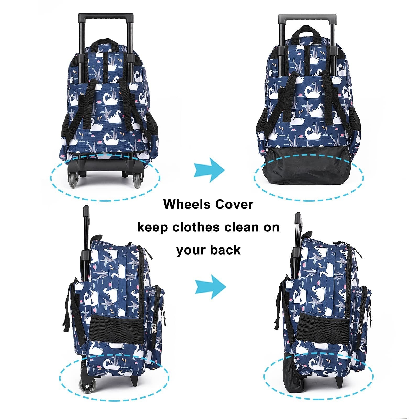 Wheeled Kids Backpack 18" Rolling Bag with Lunch Bag, Double Handle, Swan Blue5