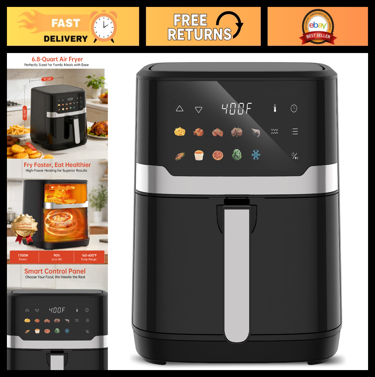 6.8QT Air Fryer with 10-in-1 Functions, Visible Window, Fast Heating, Nonstick B0