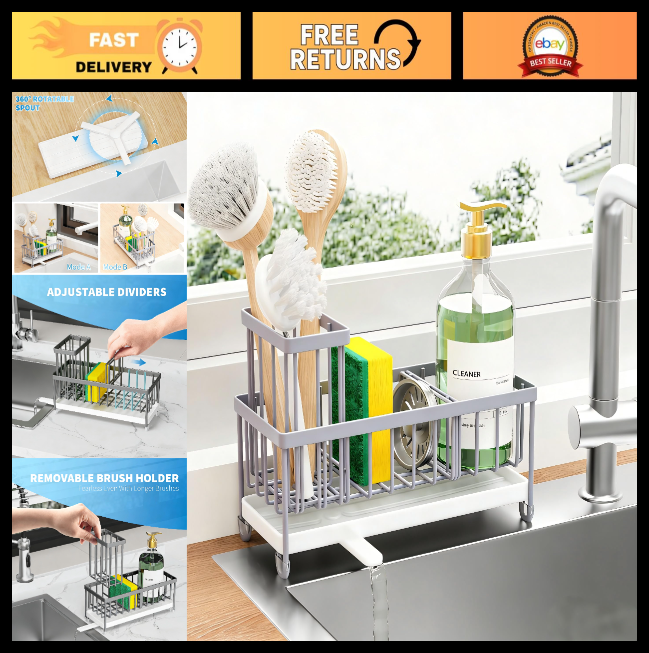 Kitchen Sink Sponge Holder Caddy Organizer, Rustproof 304 Stainless Steel, Gray0
