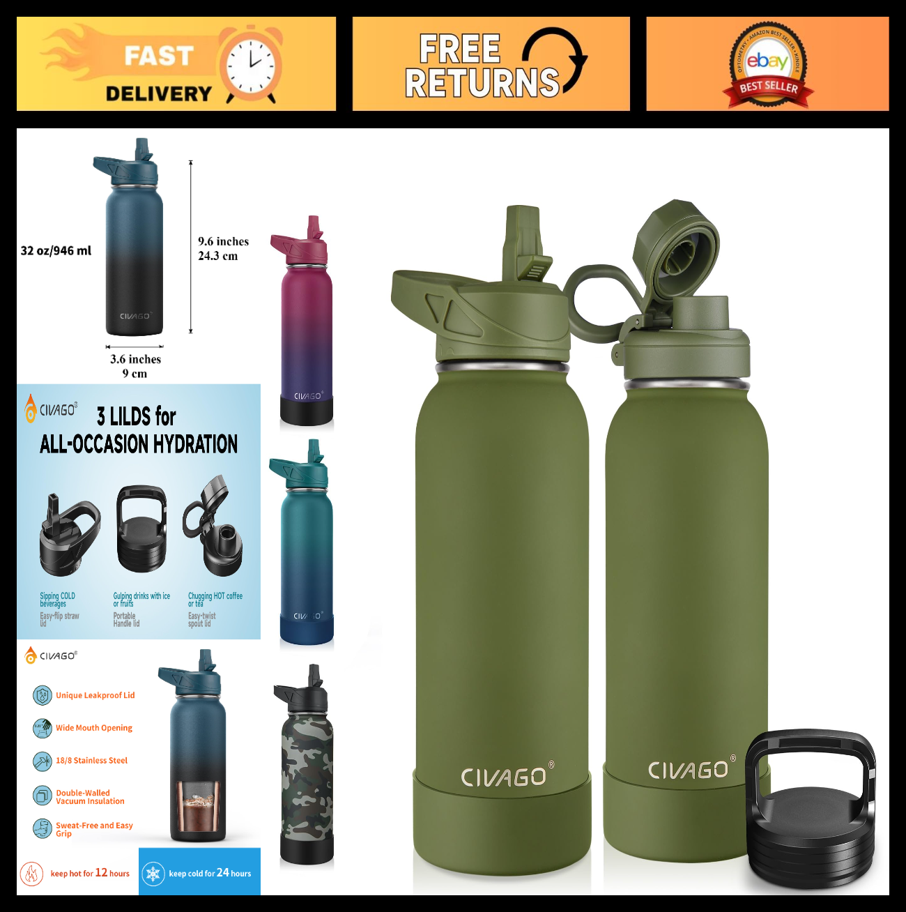 32 oz Insulated Water Bottle with Straw & 3 Lids   Stainless Steel Sports Flask,0