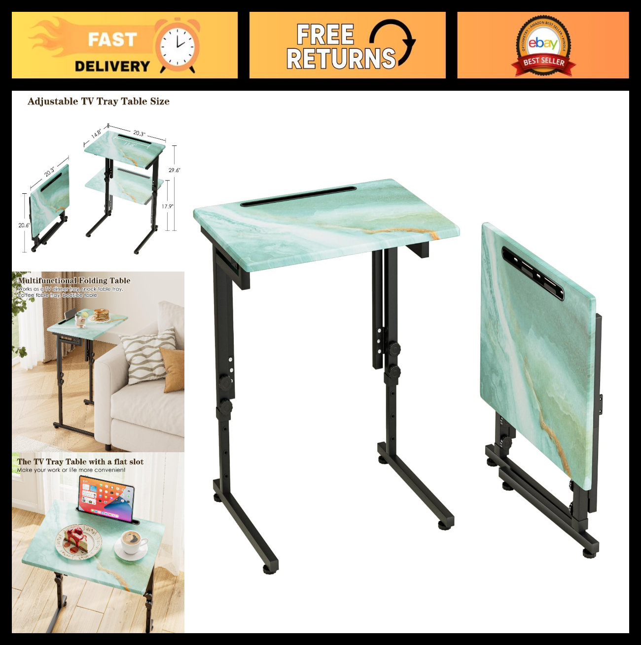 Adjustable Folding TV Tray Table - Sturdy MDF Top, No Assembly, Sea Blue - Livin0