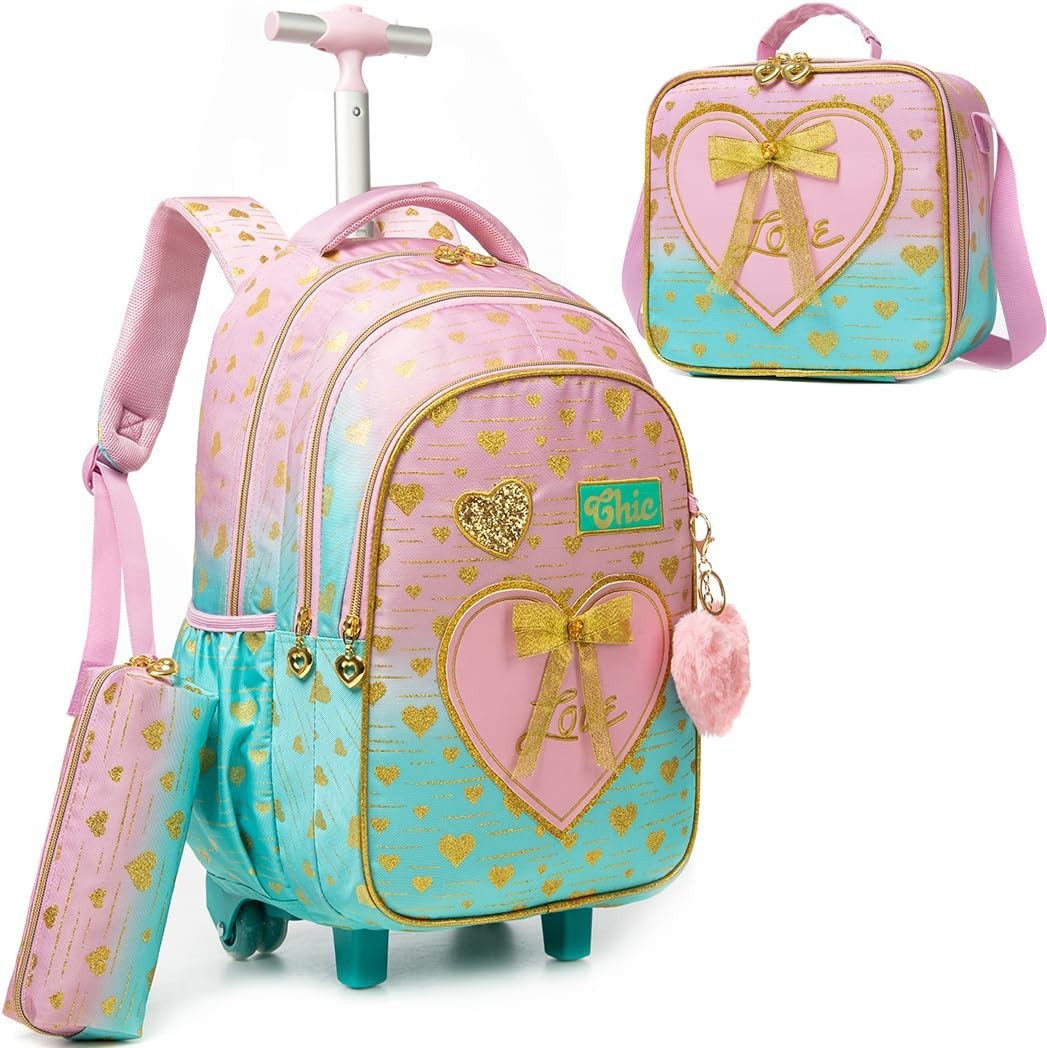 Rolling Kids Backpack with Wheels & Lunch Box   Travel Suitcase for Girls 6 81