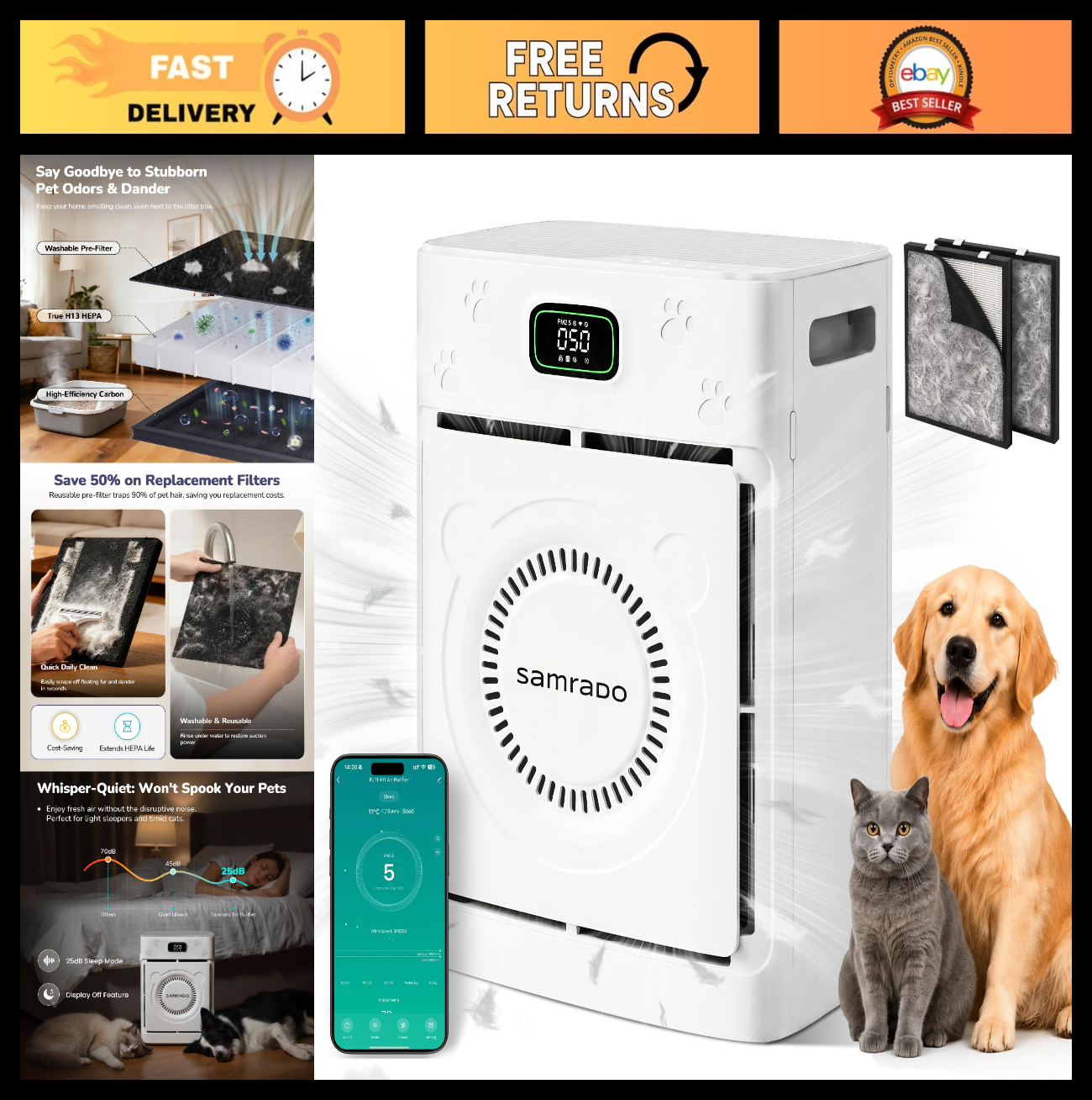 Pet Air Purifier for Home, H13 HEPA Filter, 2500 Sq Ft, Smart App Control, Washa0