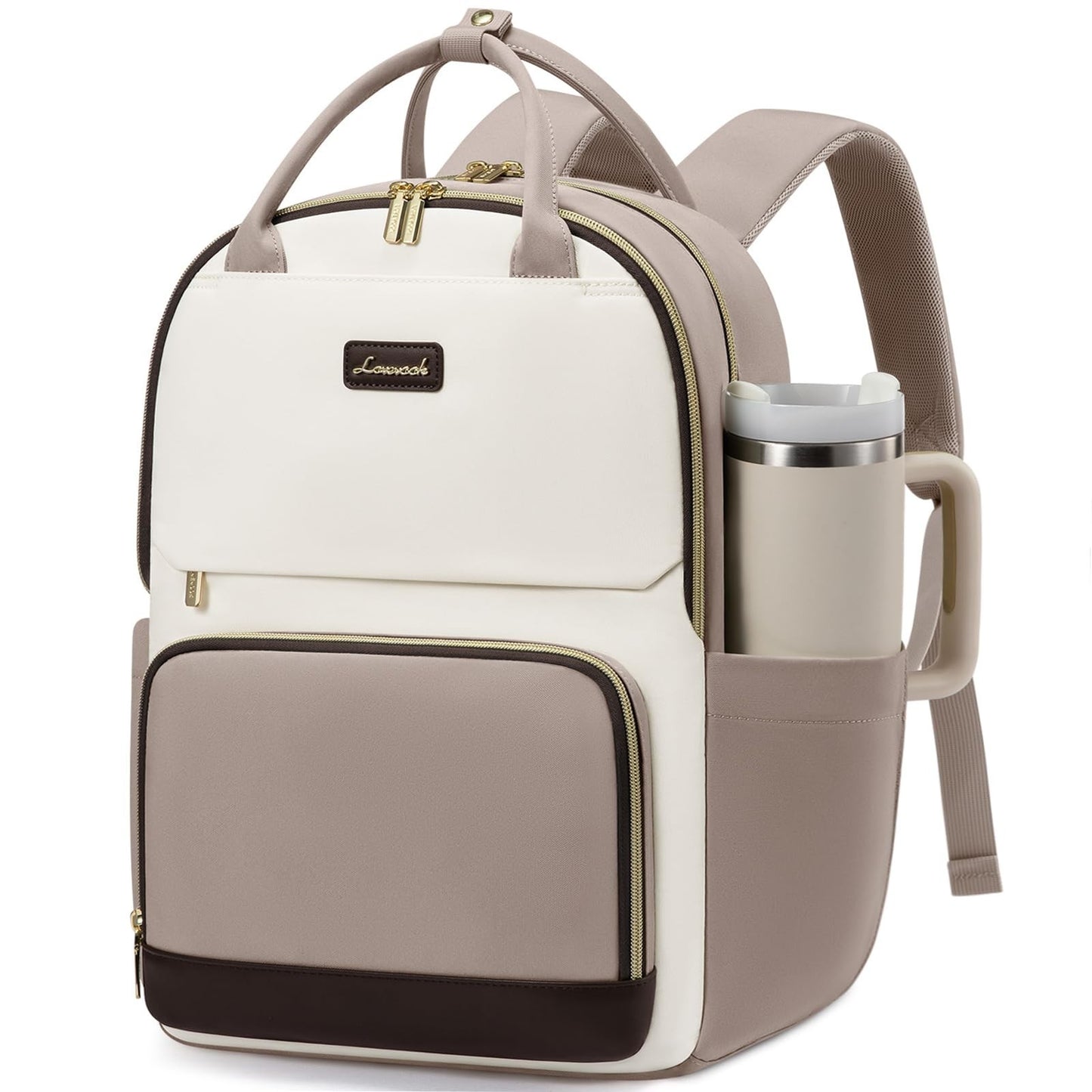 Stylish 15.6" Laptop Backpack with Tumbler Holder, Waterproof College Bag, Beige1