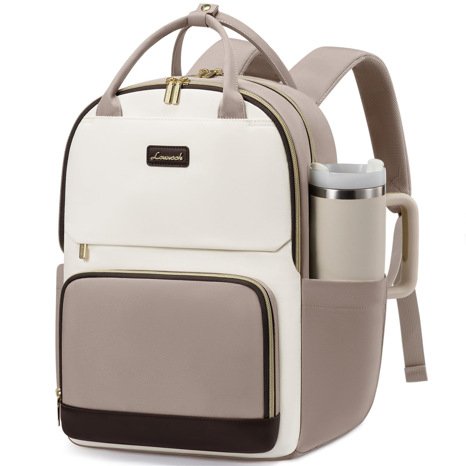 Stylish 15.6" Laptop Backpack with Tumbler Holder, Waterproof College Bag, Beige1