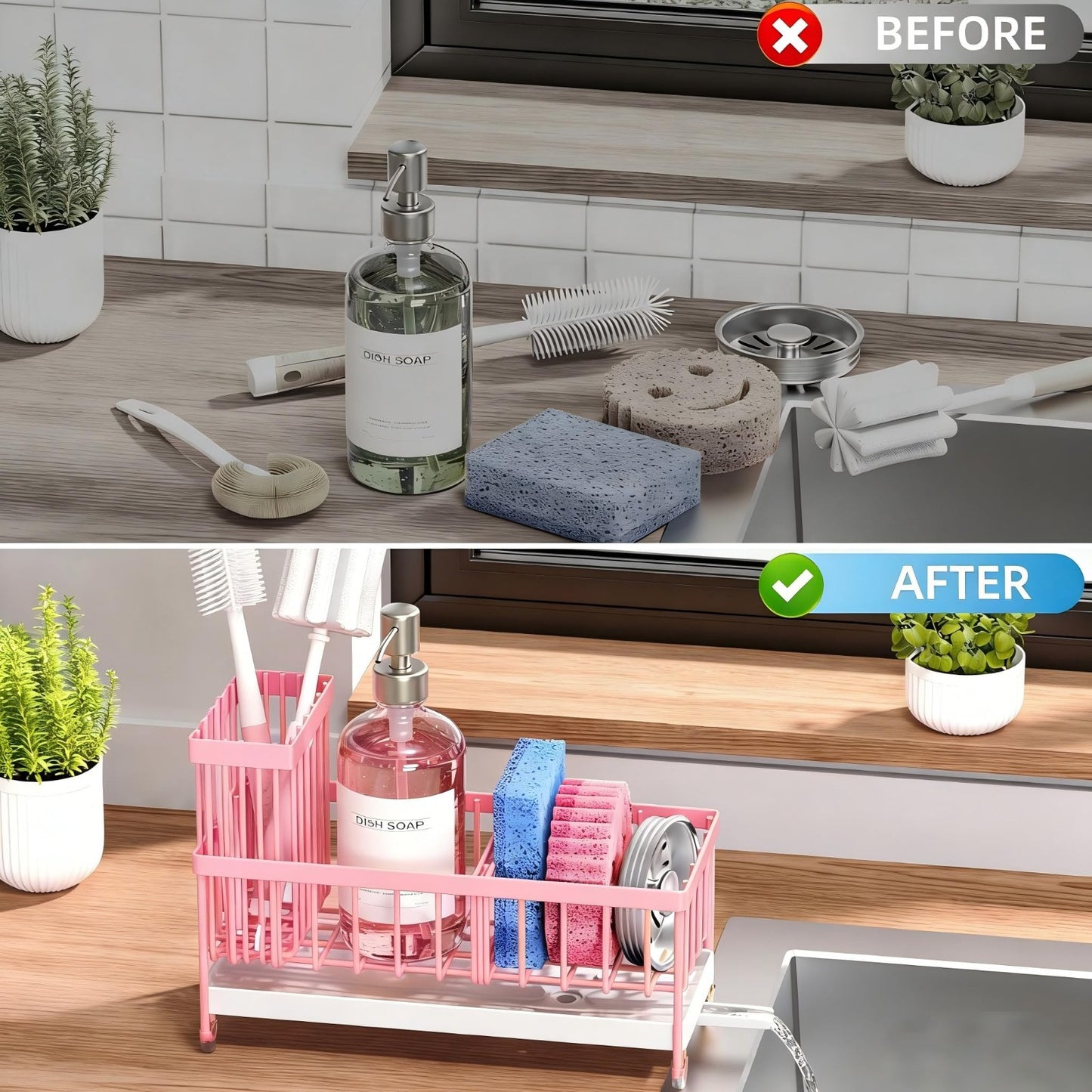 Kitchen Sink Sponge Holder Caddy Organizer, Rustproof Stainless Steel, Pink, 9.25