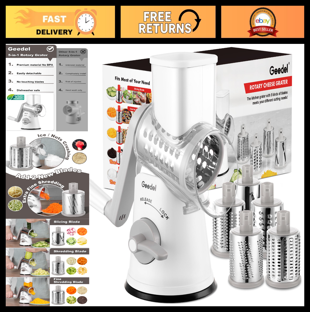 Rotary Cheese Grater & Vegetable Slicer   5 Blades, Stainless Steel, Fast Cuttin0