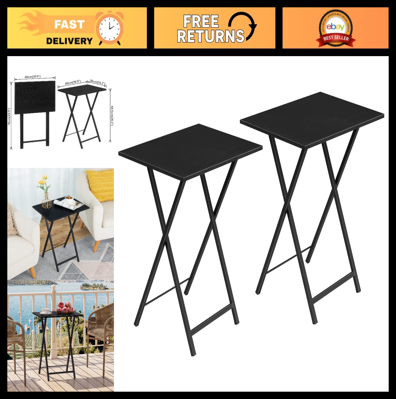 Set of 2 Folding TV Tray Tables - Space-Saving Snack Desks for Couch, Easy Assem0