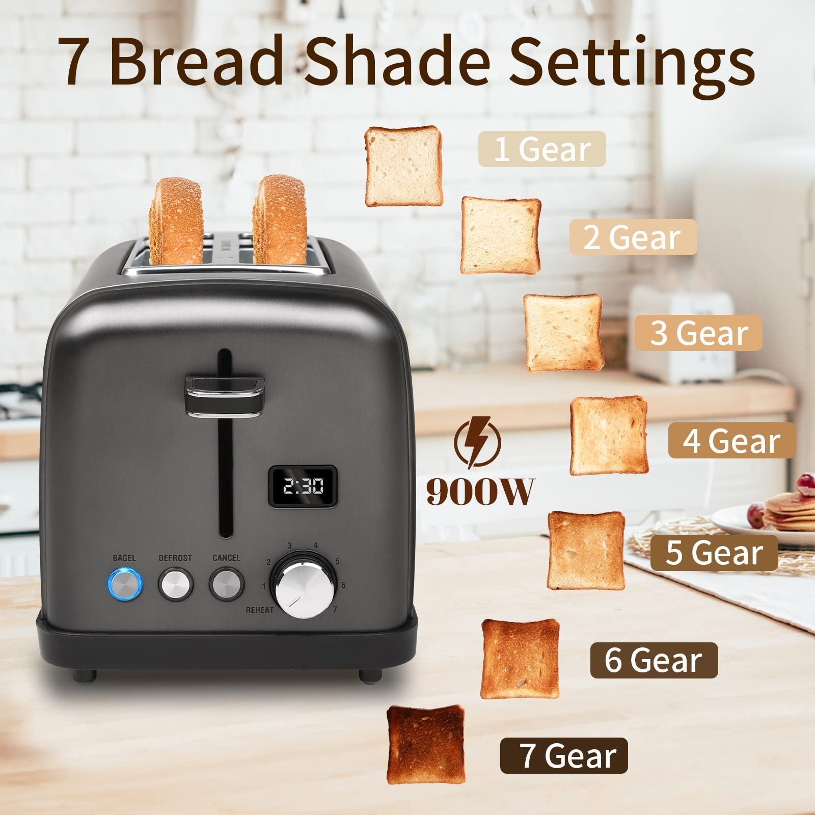 2 Slice Digital Toaster with LCD Display, 7 Shade Settings, 1.4'' Slots, Stainle4