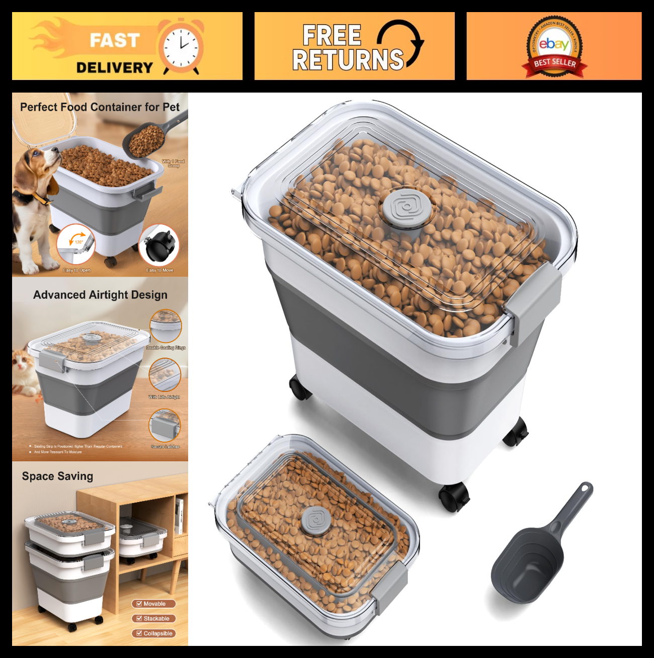 Collapsible Dog Food Storage Container 15 23 Lbs with Airtight Lid & Wheels, Tra0