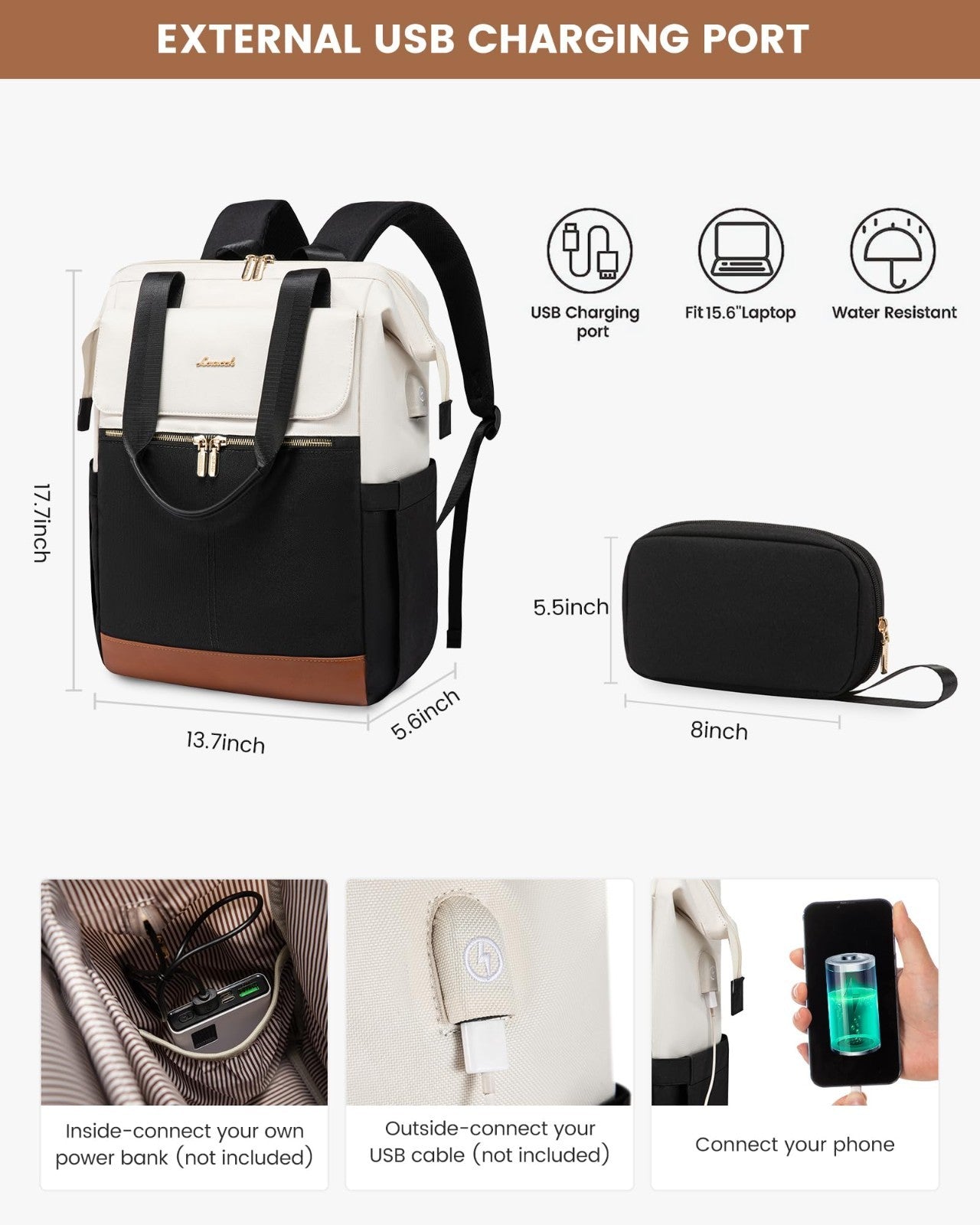 Stylish 15.6" Laptop Backpack for Women, USB Port, Waterproof Travel Bag, 2PCS2