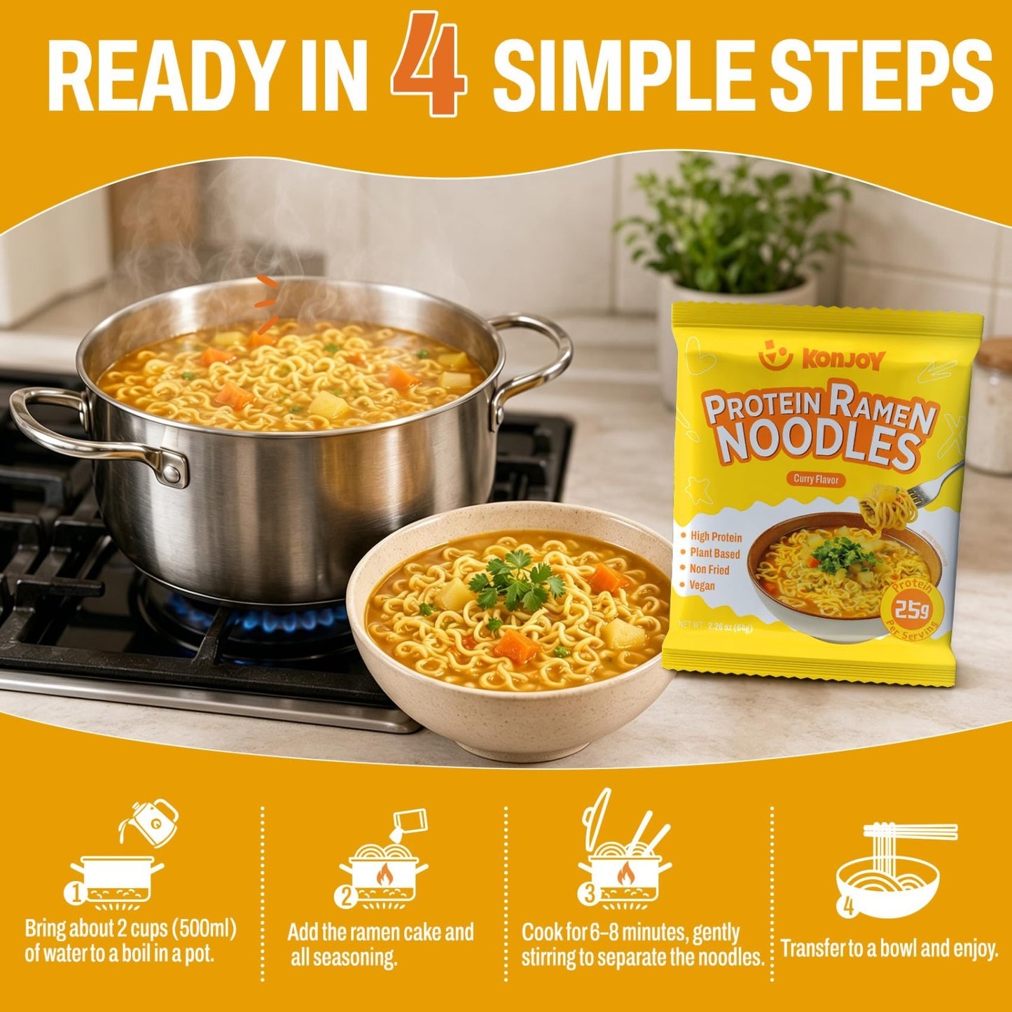 High Protein Vegan Ramen Noodles - Curry Flavor, 10 Pack, Low Fat, Quick Meal6
