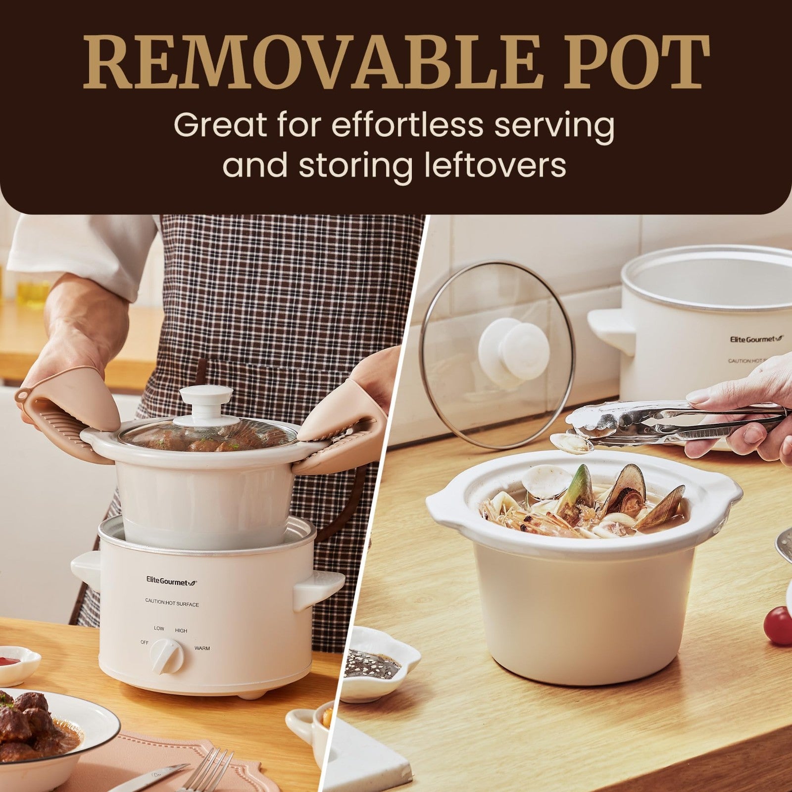 Electric Ceramic Slow Cooker - Adjustable Temp, Dishwasher-Safe Lid, Perfect for3