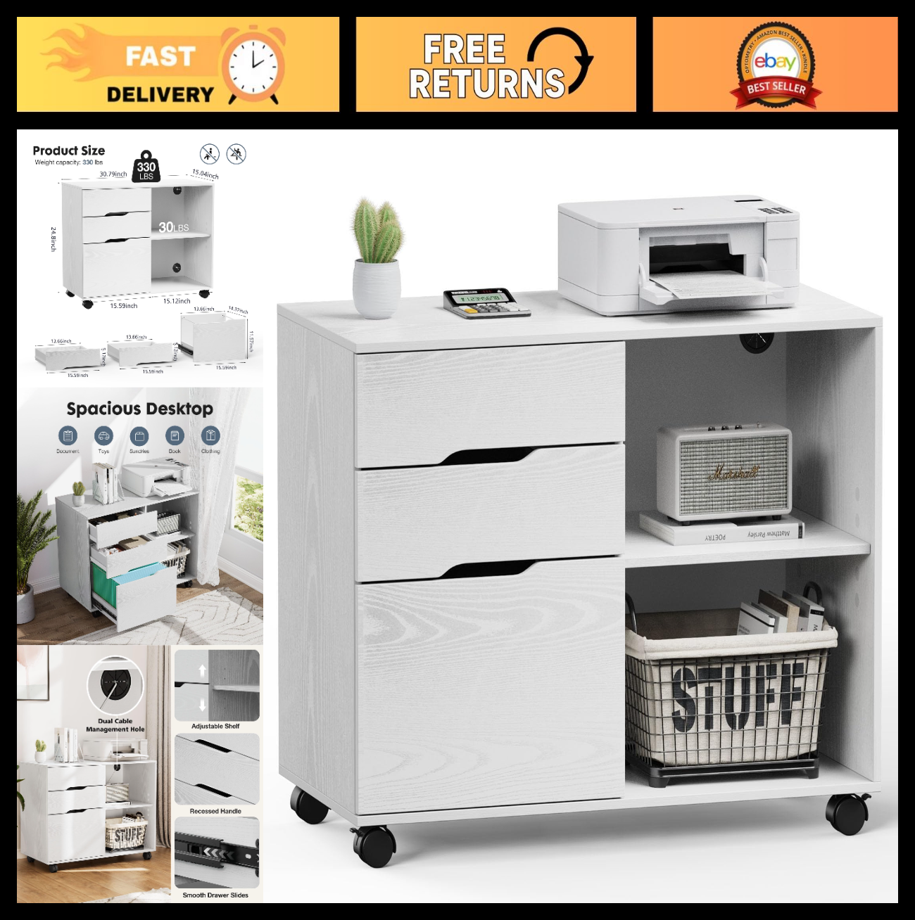 3 Drawer File Cabinet   Rolling Lateral Storage, Adjustable Shelves, Home Office0