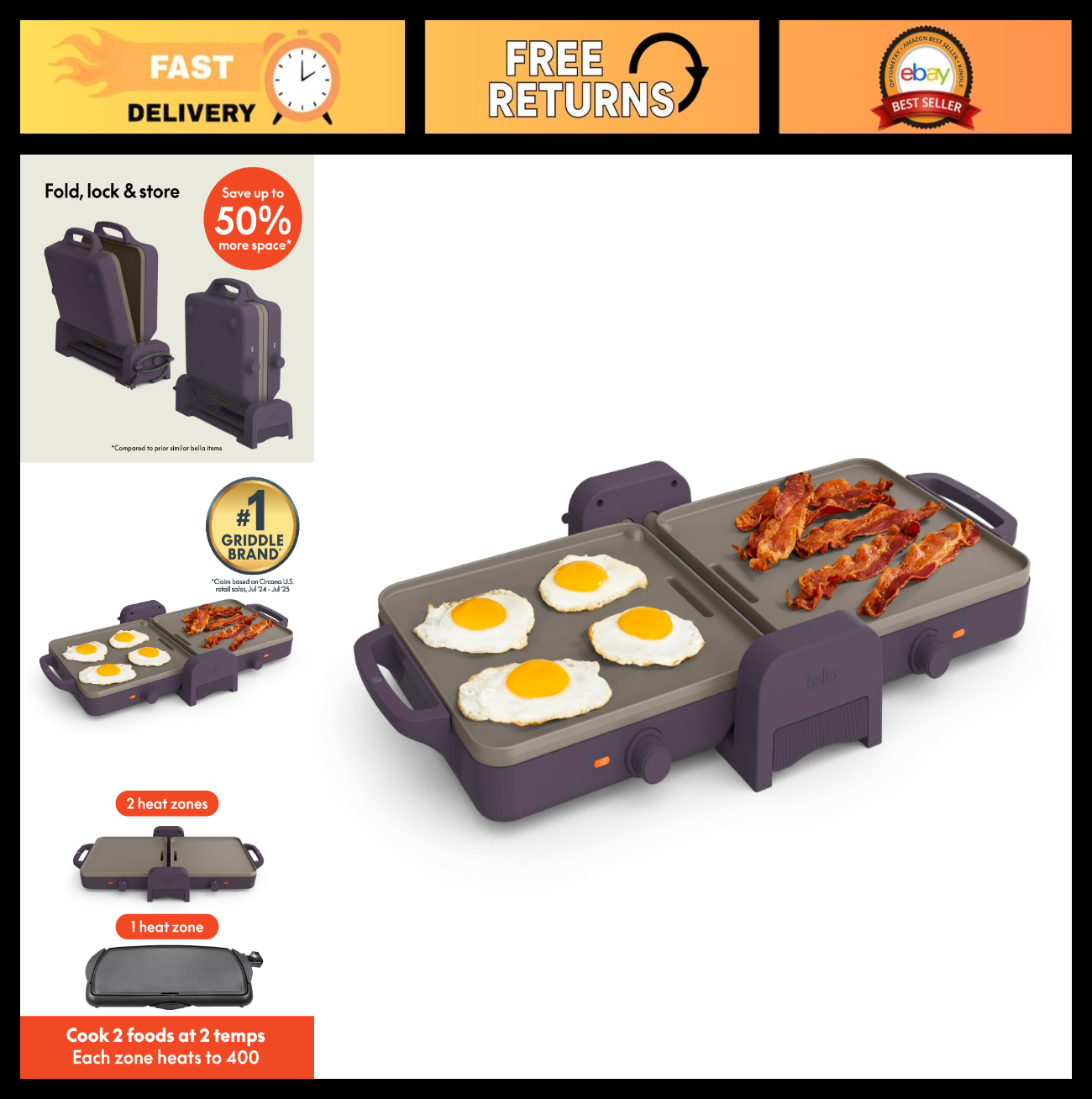 10x20 Ceramic Nonstick Griddle - Dual Temp Cooking, Fits Anywhere, 1500W0