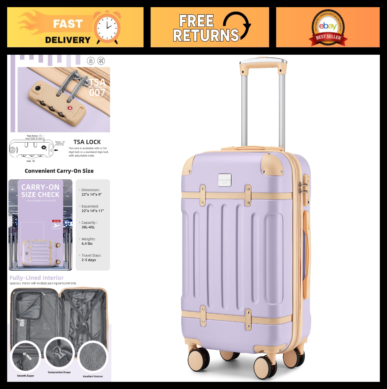 Expandable Carry-On Luggage 22x14x9, Lightweight Hardshell, 360° Spinner Wheels,0
