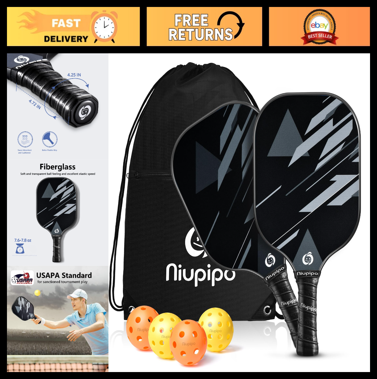 Pickleball Paddle Set of 2 or 4 - USAPA Approved, Fiberglass, Lightweight, Inclu0