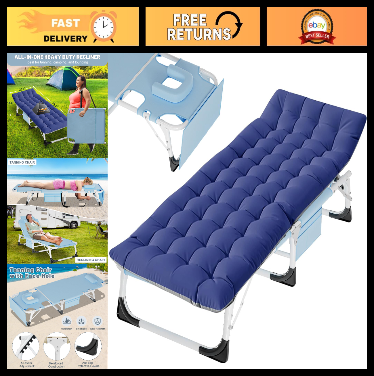 Folding Camping Cot for Adults with Adjustable Backrest & Padded Cushion   5 Pos0