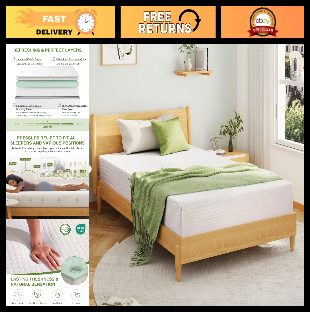 Full Size Memory Foam Mattress 5 Inch   Green Tea Gel, Medium Firm Support, Cert0