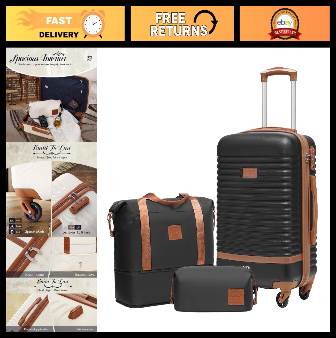 3-Piece Black Luggage Set - Carry-On Suitcase with 360° Spinner Wheels, Trolley0