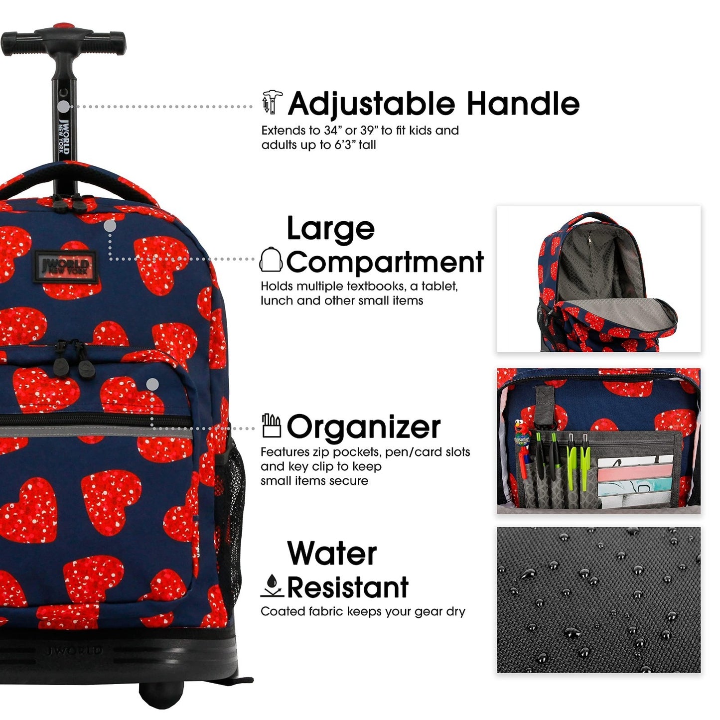 Kids Rolling Backpack with Wheels, 18" Bookbag for School, Girls & Boys, Love Sp4