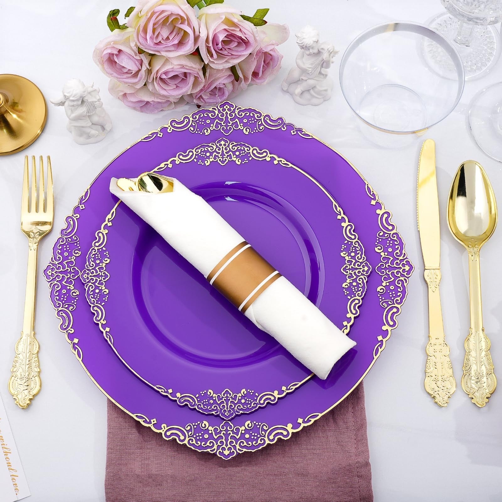 350-Piece Purple & Gold Disposable Dinnerware Set for 50 Guests | Plates, Silver4