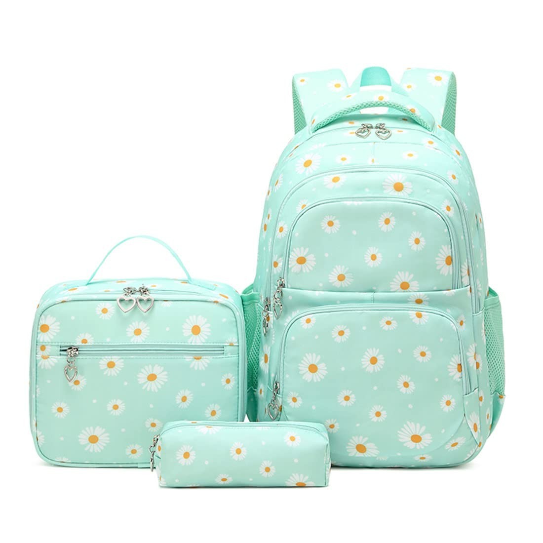 Daisy Print Backpack Set for Girls   3 Pcs Bookbag with Lunch Box   Green, Schoo1