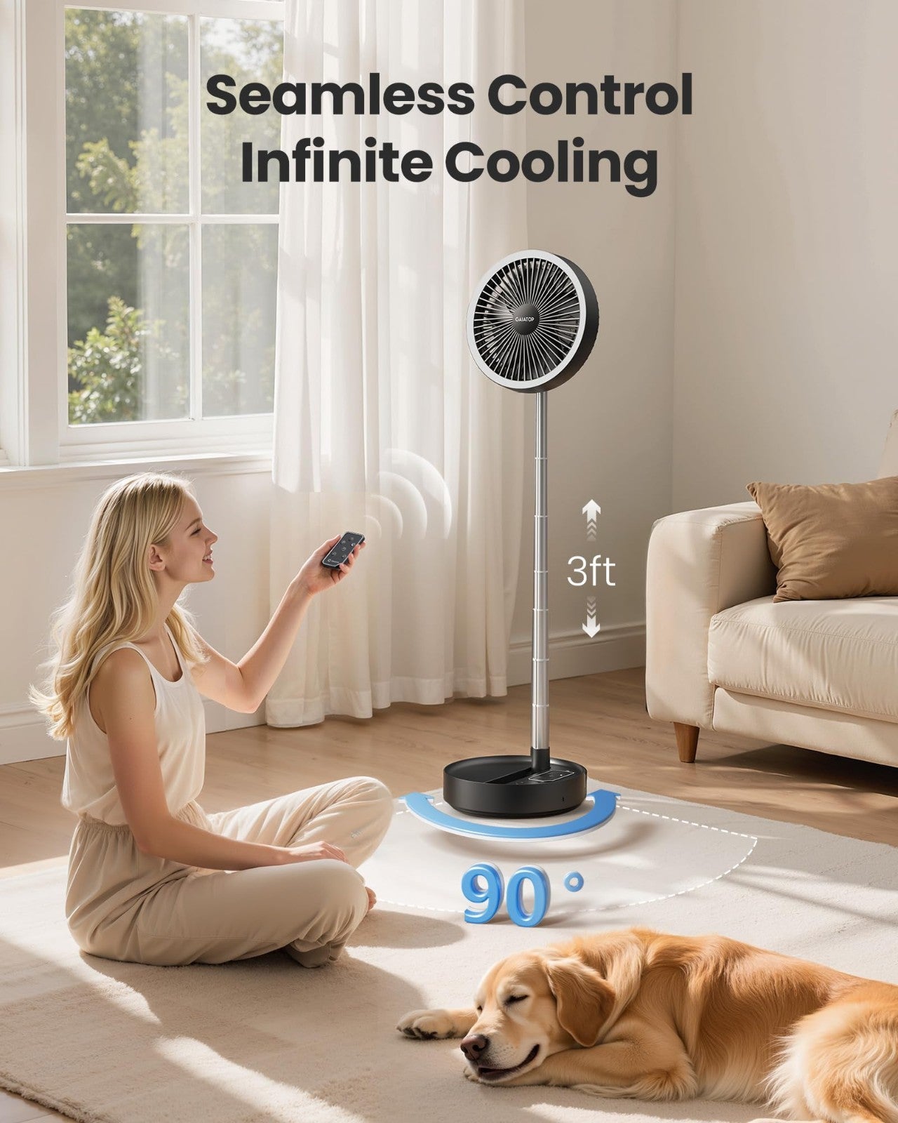 Portable Battery Fan 16000mAh, 74h Runtime, Foldable Oscillating Stand Fan, LED3