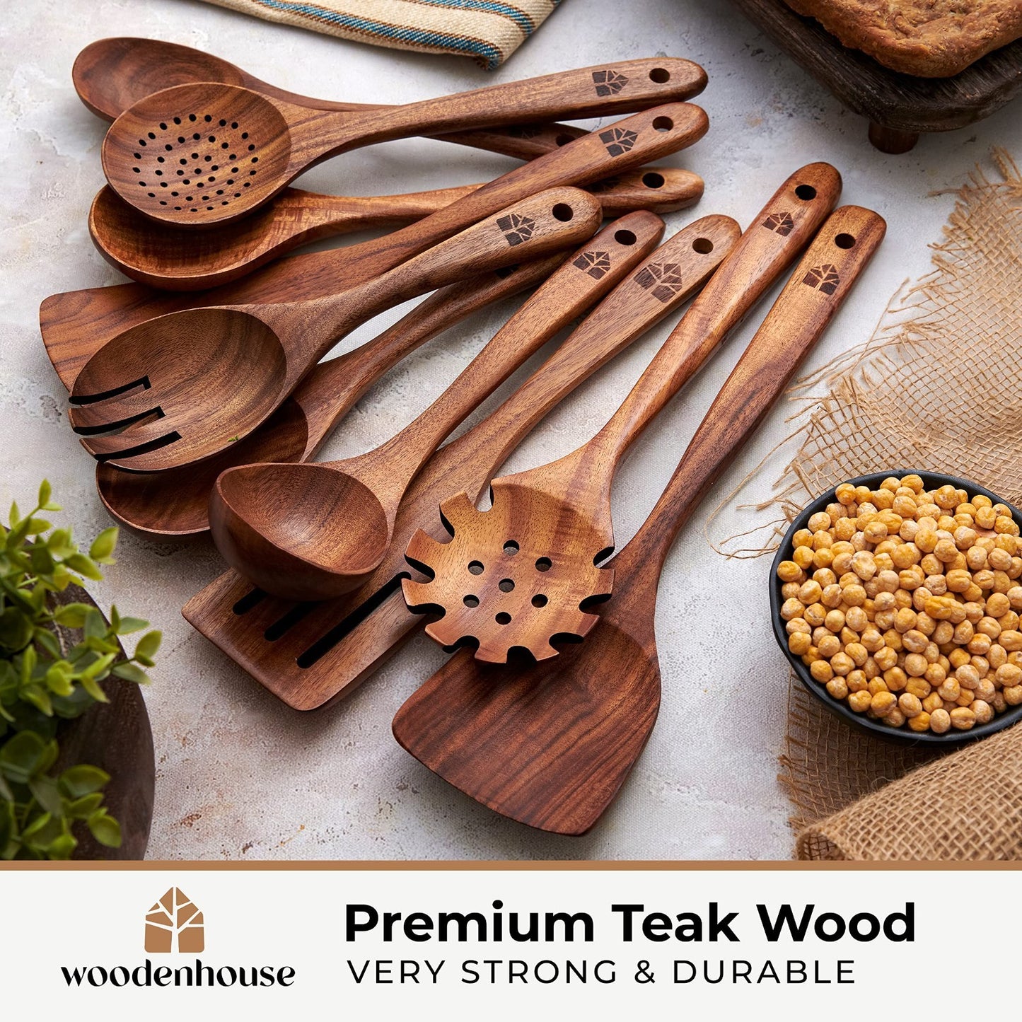 10 Pcs Wooden Cooking Spoons Set   Durable Teak Utensils, Heat Resistant, Food S2